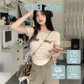Áo croptop nữ, áo thun cộc tay nữ dáng lửng rút dây eo cúc bấm màu be ôm body cá tính mặc đi chơi sexy Wikishop C1044