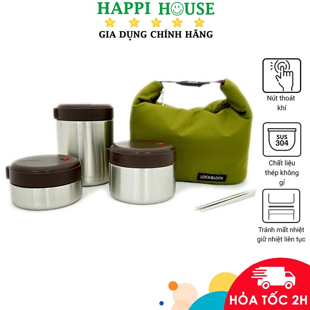 Bộ 3 Hộp Cơm Giữ Nhiệt Lock&Lock Mushroom LHC8025SLV - Hàng Chính Hãng, Kèm Túi, Đôi Đũa Inox - Happi House