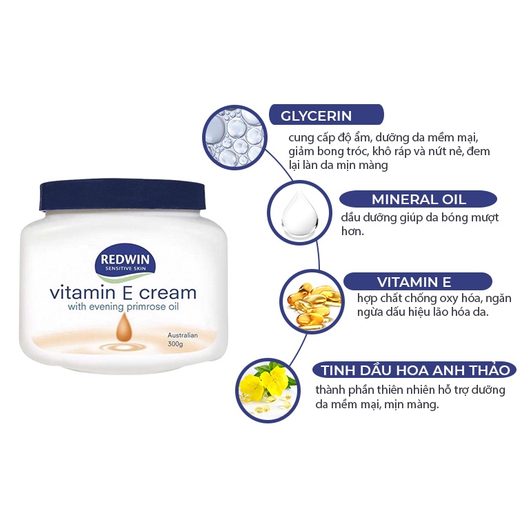 Kem dưỡng úc chính hãng giúp da mềm mịn sáng bóng hết khô nứt nẻ Redwin Vitamin E Cream 300g Úc chính hãng LUVELA KD31