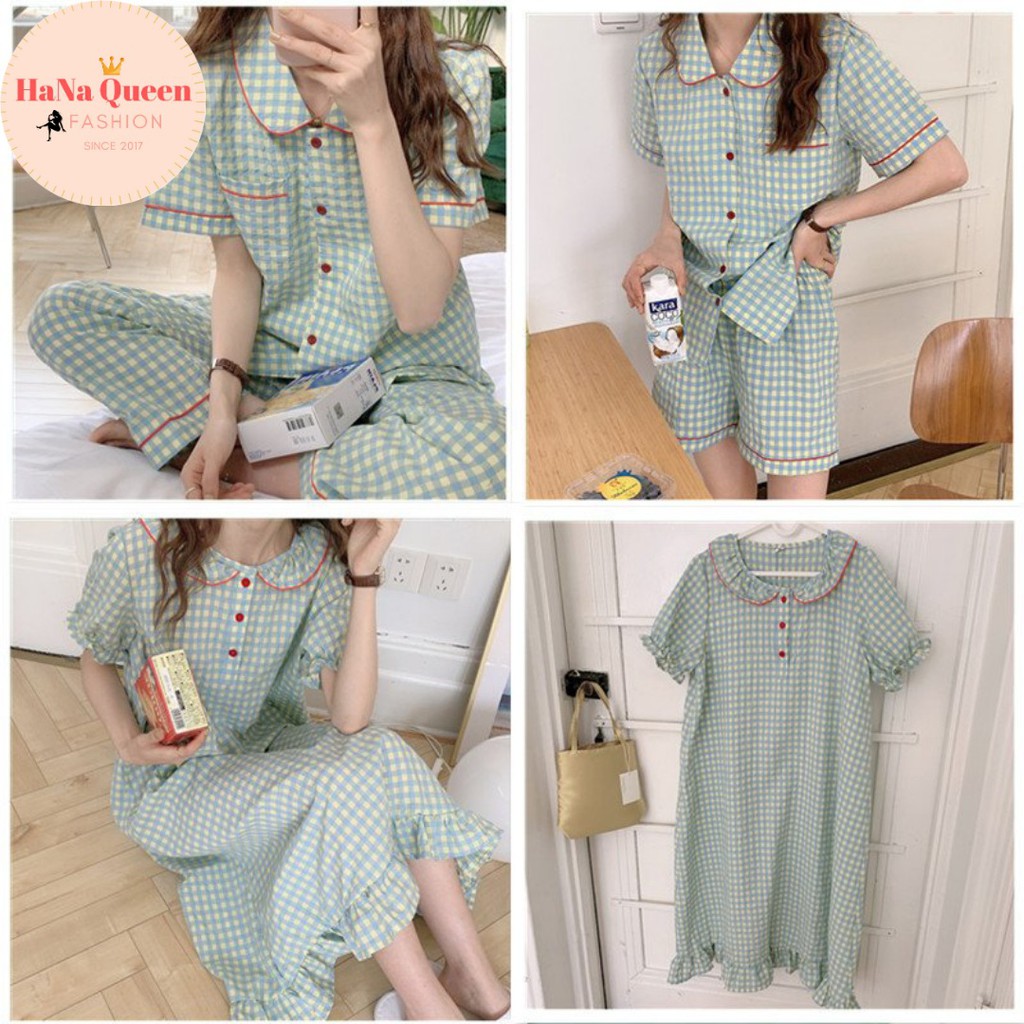 Set 3 món váy ngủ, bộ đồ pijama cộc, bộ đồ pijama dài cực kỳ dễ thương phong cách tiểu thư
