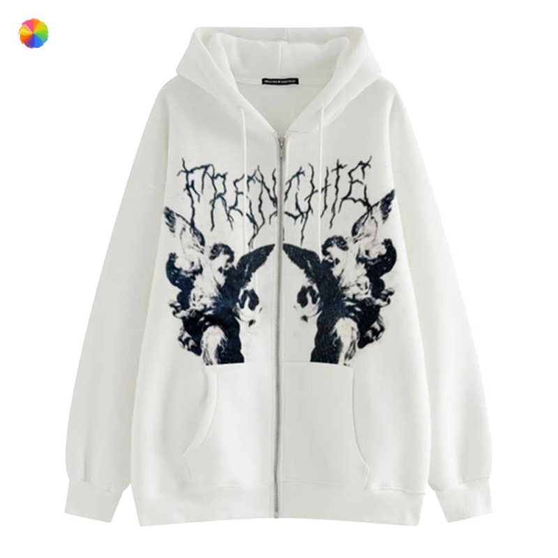 Femmes Casual Zip Up Hoodie Y2K Surdimensionné Portrait Imprimer Cordon à Manches Longues Sweat Punk Gothique Streetwear Veste avec Poches MM | WebRaoVat - webraovat.net.vn