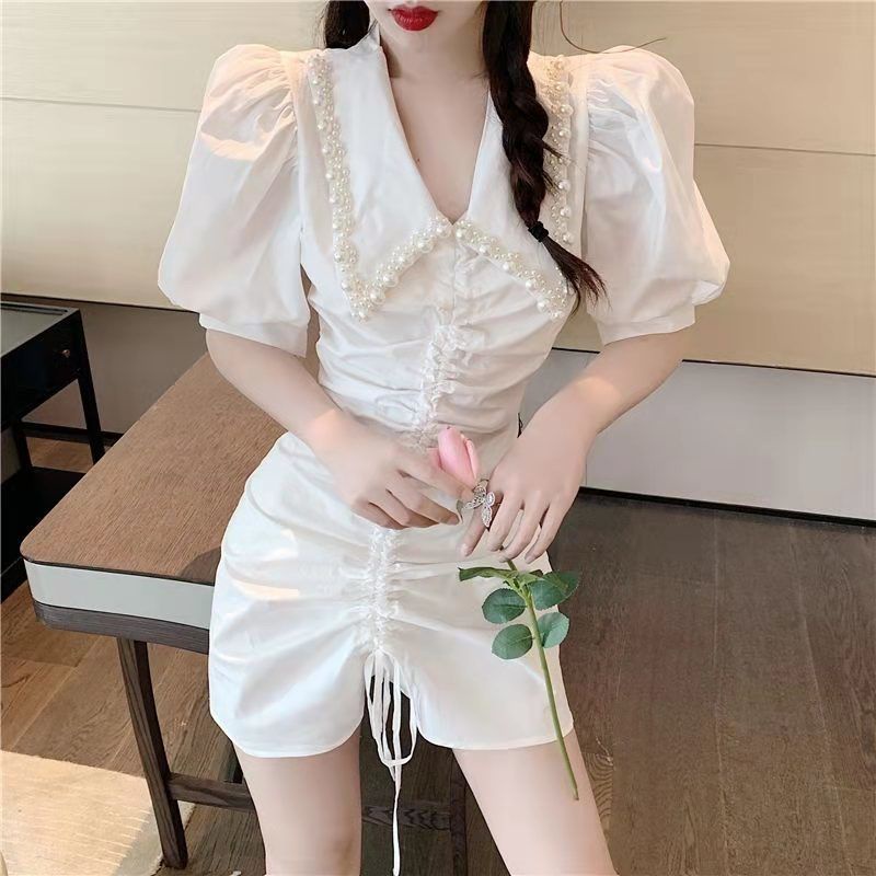 Đầm Tay Phồng Cổ Bẻ Đính Ngọc Trai Phong Cách Pháp Thời Trang Mùa Hè Cho Nữ