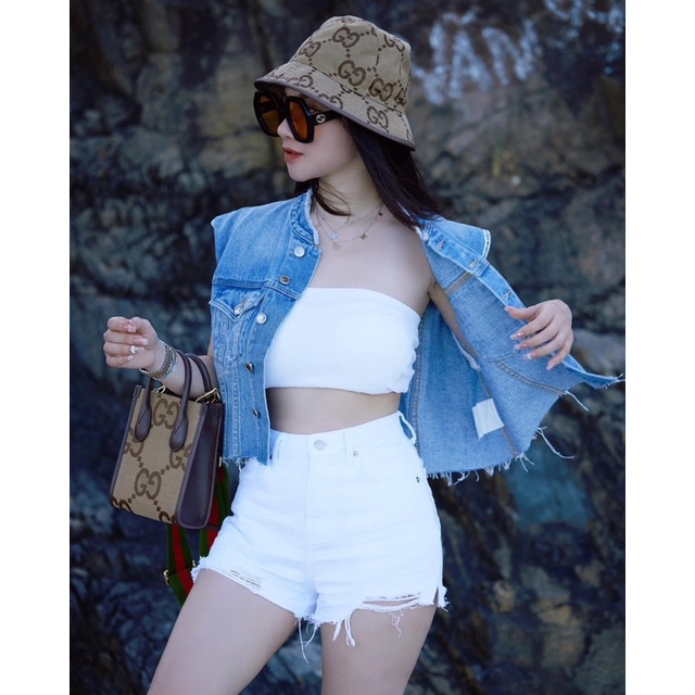 Túi chéo GC TOTE Medium&mini Size 20cm chất vải thêu logo GG hoạ tiết to mix viền da nâu