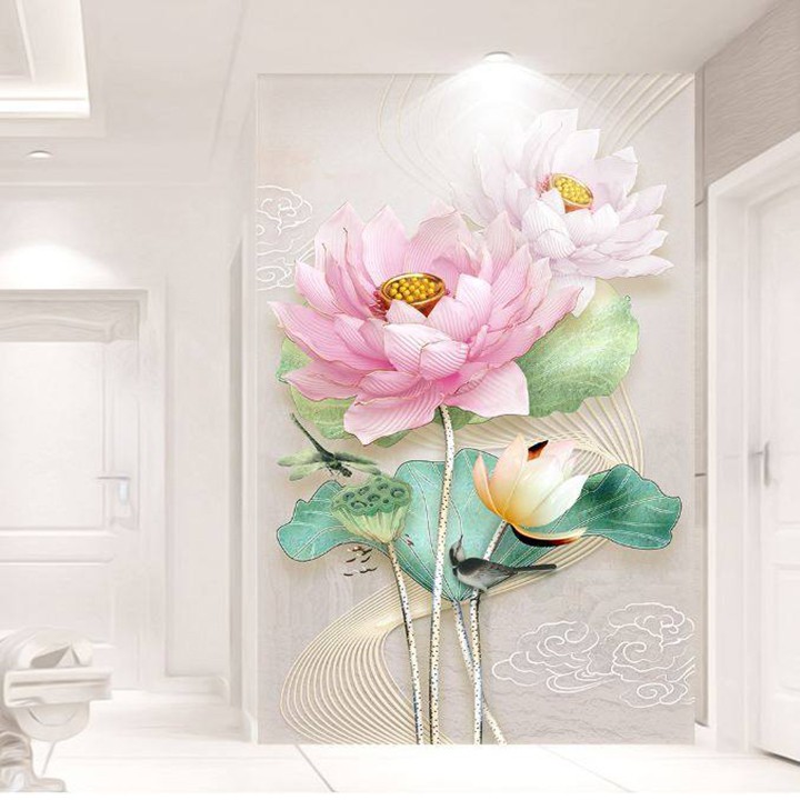 Tranh dán tường 3D hoa sen hồng tranh trang trí BINBIN TDT01
