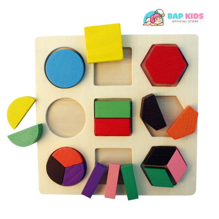 Combo 3 bảng ghép hình học, Giáo cụ montessori Đồ chơi xếp hình bằng gỗ cho bé Bapkids