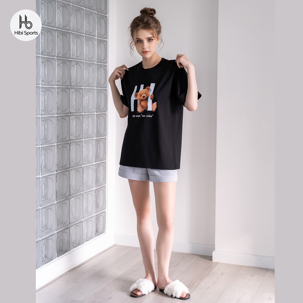 Áo thun tay lỡ Hibi Sports Teddy Bear SAY HI ST003 kiểu phông unisex nam nữ, vải cotton Premium, form oversize