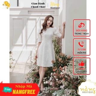Váy xuông 💖FREESHIP💖 Đầm dự tiệc vải gấm phối ren tay phồng - Nàng Boutique