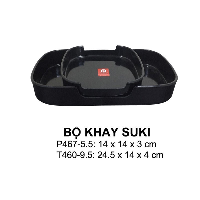 Khay phíp chữ nhật SUKI đen bóng (loại to) đựng thịt nướng BBQ 100% melamine cao cấp