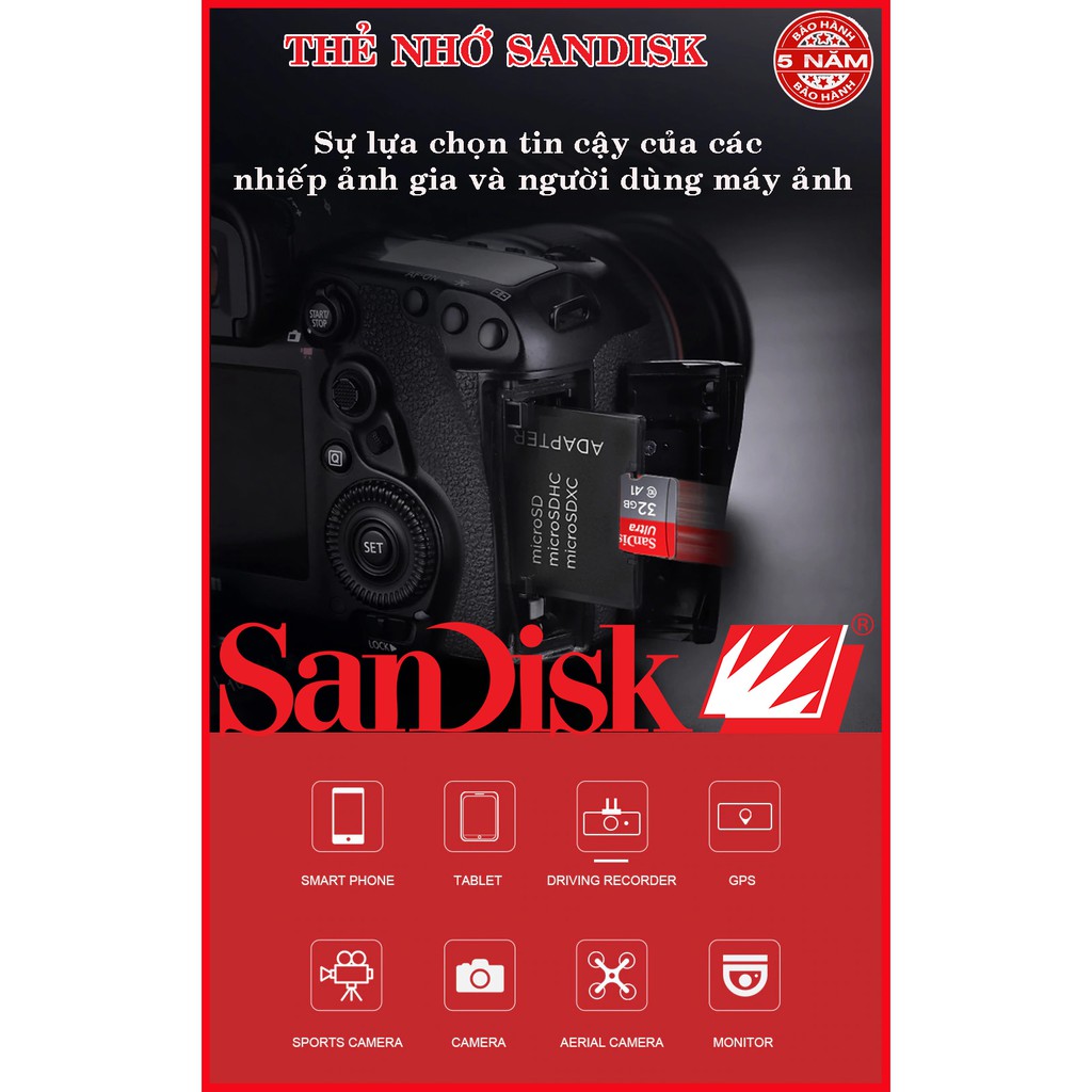 Thẻ nhớ Micro Sandisk 32GB cho điện thoại,flycam, camera eken H9r
