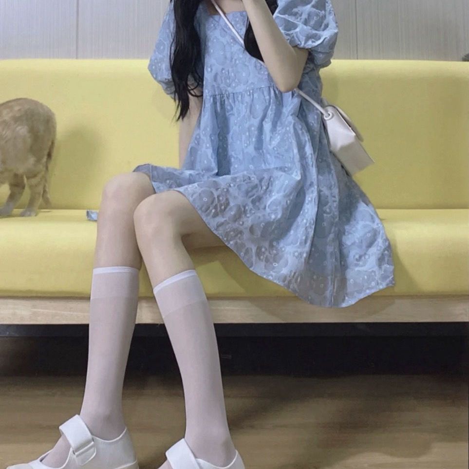 🎀váy babydoll Đầm Công Chúa Tay Phồng Cổ Vuông Màu Xanh Dương Ngọt Ngào Thời Trang Mùa Hè 2022 Phong Cách Mới Cho Nữ