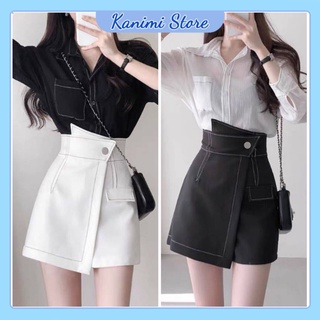 Chân Váy Viền Chỉ Nổi Cạp Chéo - Quần Giả Váy Lưng Cao Phong Cách Hàn Quốc Kanimi