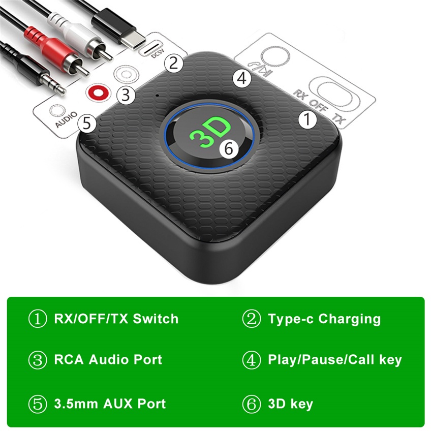 Thiết Bị NhậN TruyềN Âm Thanh Bluetooth 5.0 3D AUX 3.5mm 3.5mm RCA VớI Mic Cho TV / PC / Xe Hơi