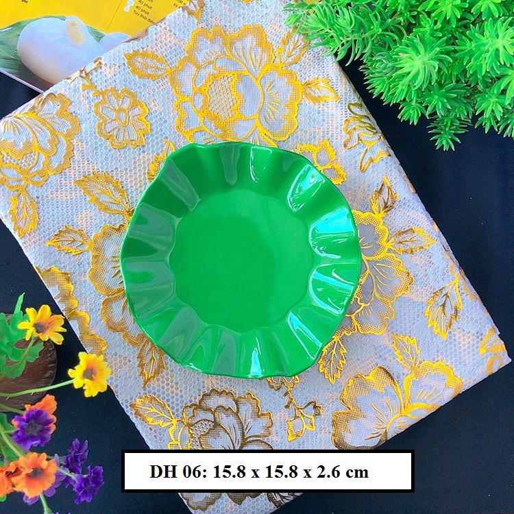 Dĩa hoa melamine phíp 19.6 cm đen kem vàng xanh béo nhún cao cấp - Plate dish F-DH07