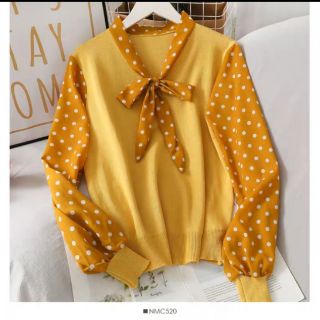 Áo len tay voan cổ nơ tiểu thư