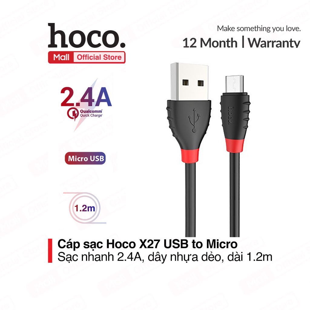 Cáp sạc 2.4A Hoco X27 Micro dây dẻo siêu bền dài 120CM cho Android