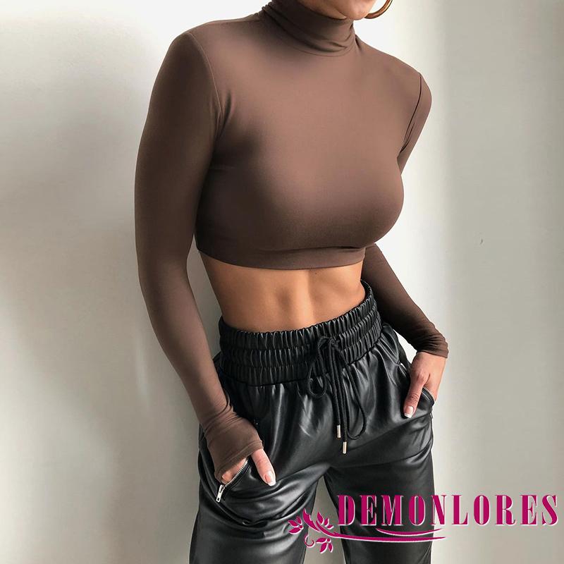 Áo croptop tay dài cổ lọ thiết kế màu trơn thanh lịch cho nữ