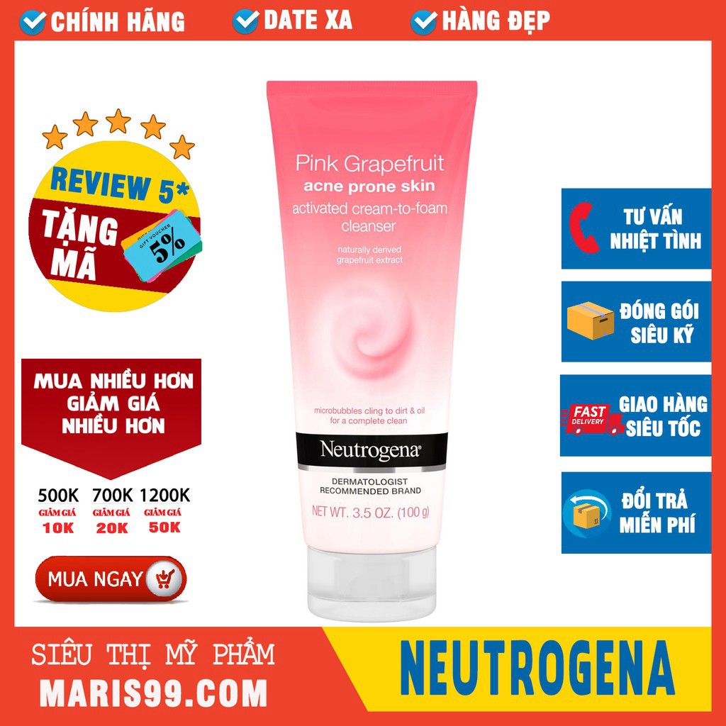 Sữa Rửa Mặt Neutrogena Pink Grapefruit Acne Prone Skin Activated Cream-to-Foam Cleanser (100g)