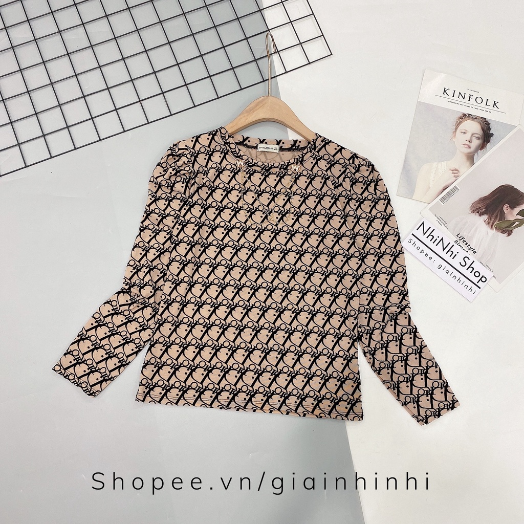 Áo lưới cổ tròn tag cài rời, Áo kiểu in chữ dài tay co giãn AS6021- NhiNhi Shop
