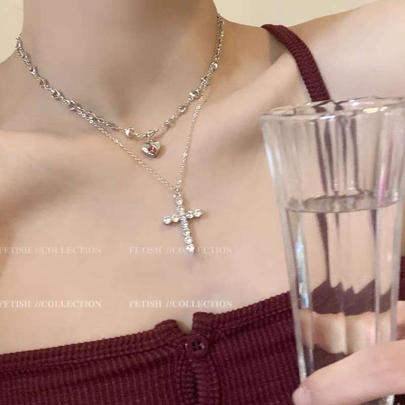 Vòng cổ Kim Loại Hai Lớp Mặt Chữ Thập Đính Đá Pha Lê