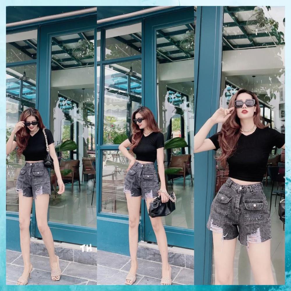 [TH Jeans] Quần sooc bò rách, quần shorts jeans lưng cao, túi nắp 1 khuy. Mã S7095