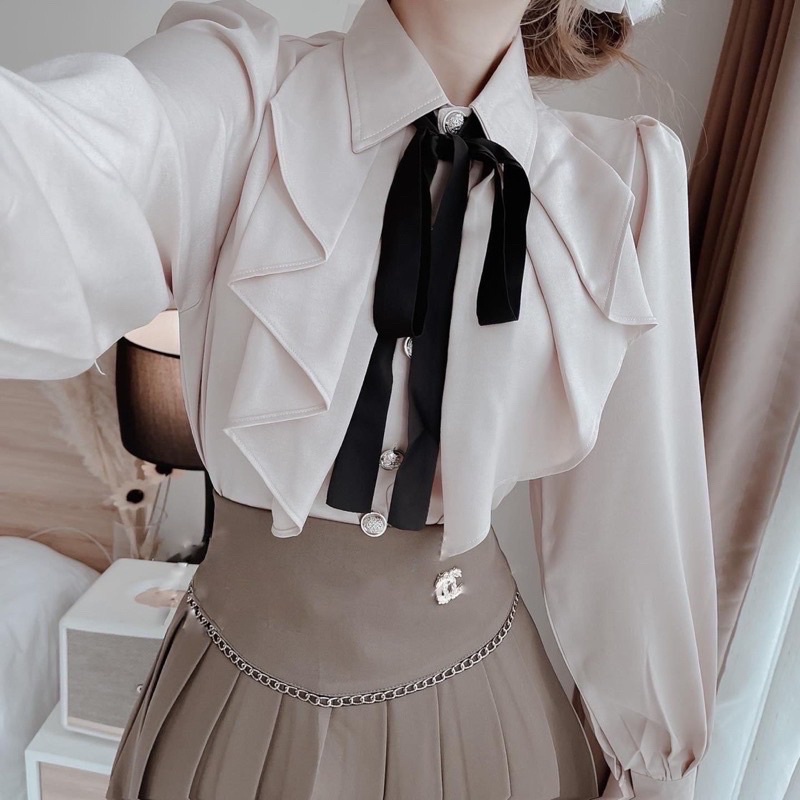 Áo sơ mi nữ NHẬT LINH áo sơ mi dài tay cổ phối bèo kèm nơ siêu xinh hàng đẹp Quảng Châu - A85