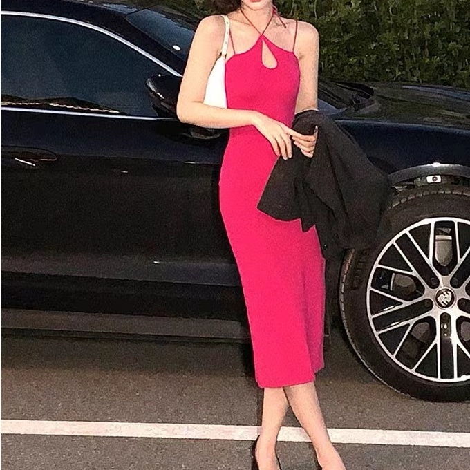 SUXI Đầm Dệt Kim Cổ Yếm Hở Vai Màu Sắc Trơn Phong Cách Vintage Thời Trang Mùa Hè Dành Cho Nữ