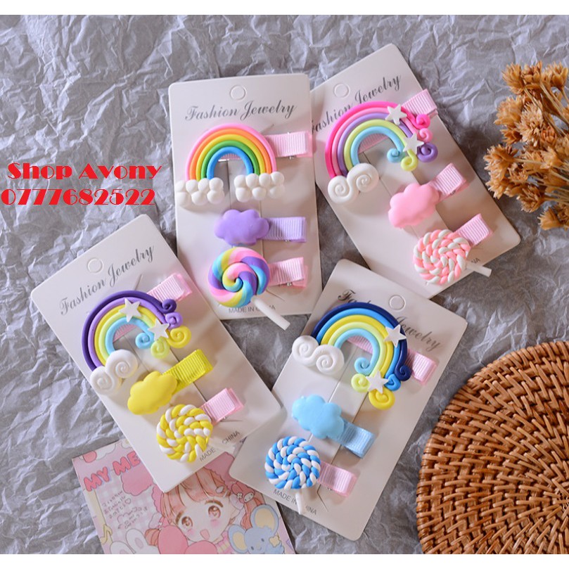Bộ 3 kẹp tóc mái cầu vòng + mây + kẹo