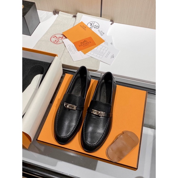Giày tây nữ mũi tròn không dây thương hiệu thời trang cao cấp Hermes HM chất liệu da thật nhập khẩu