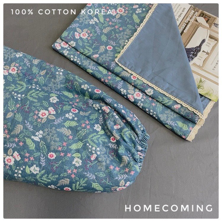 Ga giường cotton Hàn chuẩn 100% xanh hoa nhí kích thước 1m6x2m/1m8x2m/2mx2m2 thương hiệu Homecoming