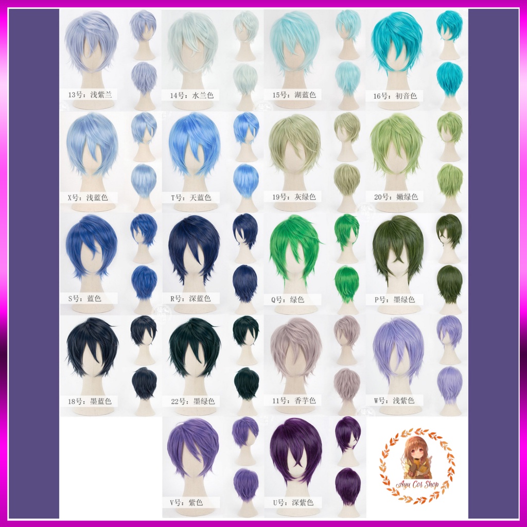 Tóc giả/wig nam cơ bản xù cosplay màu xanh lá xanh dương nhạt tím