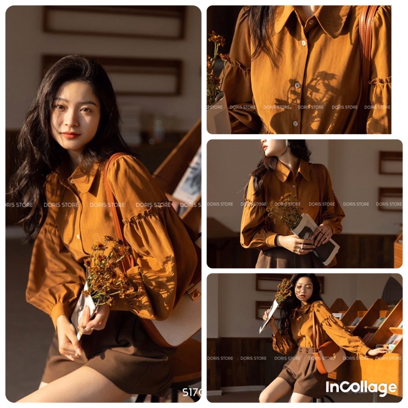 Áo kiểu, Áo Sơ Mi nữ tay phồng Cổ Sen Vintage Tiểu Thư