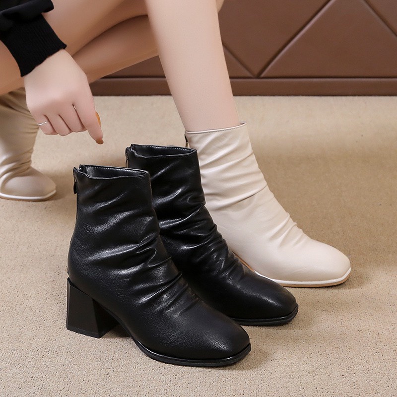 (S185) Bốt nữ nhăn nhún trước không gân giữa 5 phân (Mã B082 - bốt nhăn)