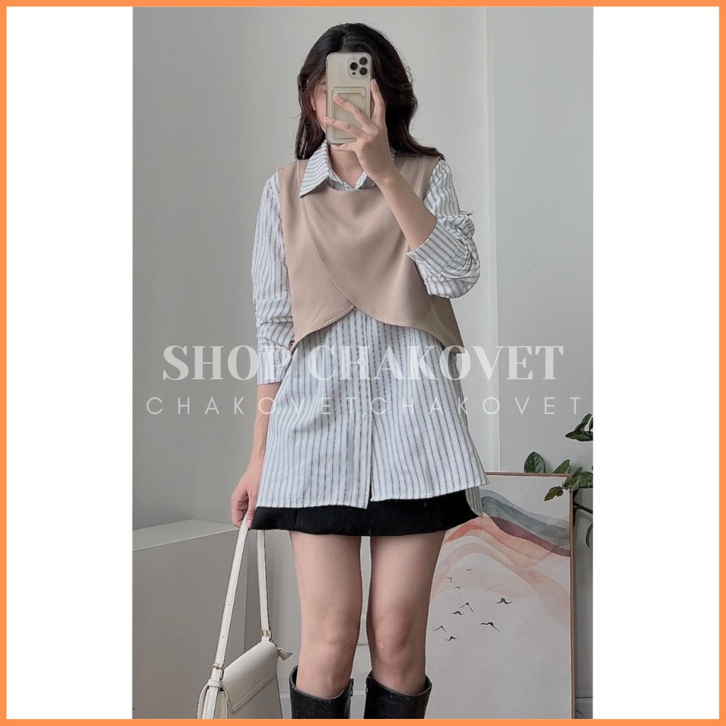 Set sơ mi nữ kèm Gile Ulzzang tiểu thư S8440 Bộ đồ nữ 2 món áo và Gile cách điệu vạt chéo cá tính phong cách Hàn Quốc