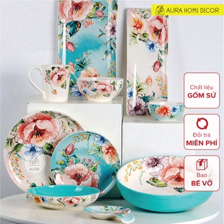 [HÀNG MỚI] Bộ bát đĩa gốm sứ mỹ nghệ vẽ tay xuất Châu Âu hoa trên nền sứ xanh lơ cực phẩm OMK - An toàn sức khỏe