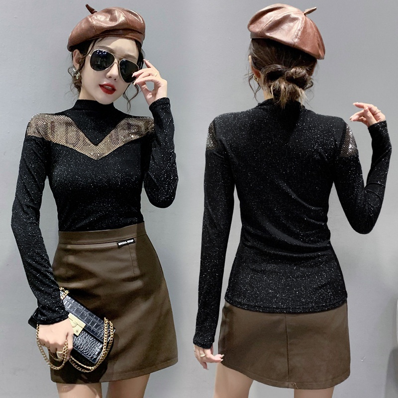 Áo Thun Nữ Dài Tay Cổ Cao Khoét Lỗ In Chữ Đính Đá Sành Điệu áo lưới dài tay áo kiểu trễ vai