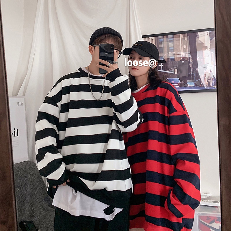 Áo Hoodie không mũ dáng rộng tay dài họa tiết kẻ sọc thoải mái thời trang dành cho cặp đôi | BigBuy360 - bigbuy360.vn