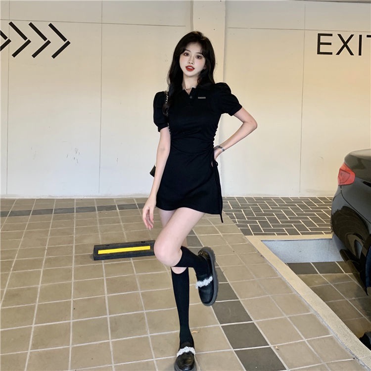 Porozi  Đầm tay ngắn  cổ bẻ chiết eo phong cách Hàn Quốc xinh xắn cho nữ