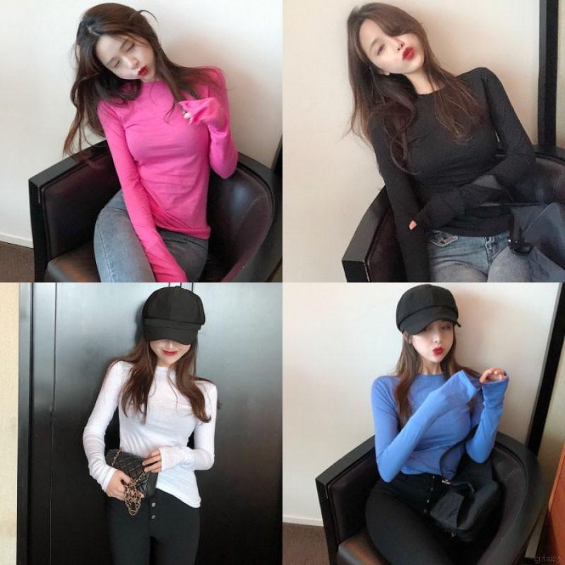 Áo Thun Tay Dài Cổ Tròn Màu Trơn Đơn Giản Phong Cách Hàn Quốc