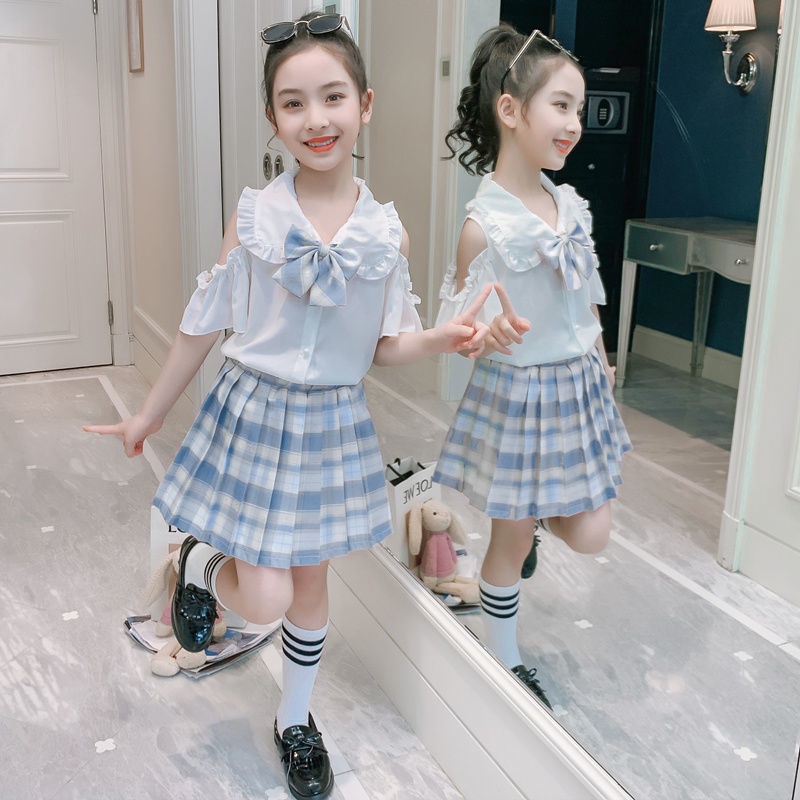 Bộ Đồng Phục Áo Sơ Mi Phối Chân Váy Xếp Ly Phong Cách Phương Tây Dễ Thương Thời Trang Mùa Hè Cho Bé Gái