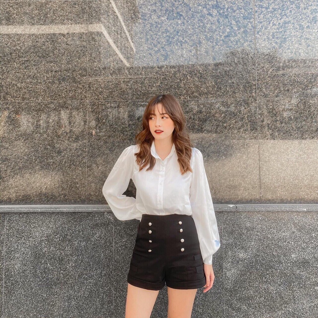 Áo sơ mi trắng lụa satin tay bồng | BigBuy360 - bigbuy360.vn