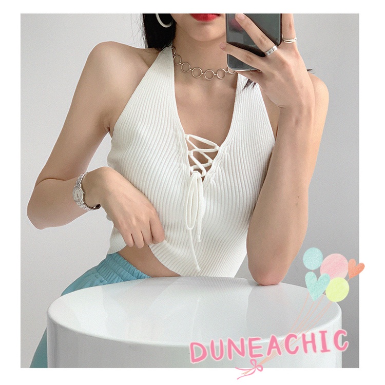 DUNEA Áo Tank Top Dệt Kim Cổ Chữ V Hở Lưng Màu Trơn Quyến Rũ