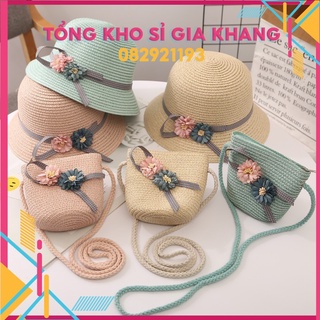 SP29 Bộ nón cói và túi đeo chéo hoa cho bé gái.