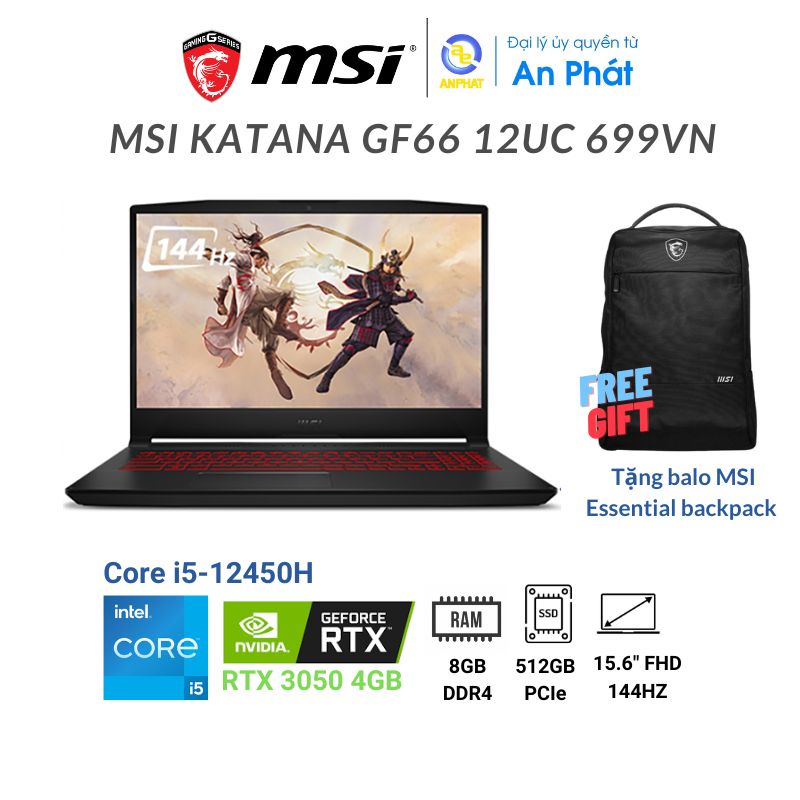 [Mã ELLAP4 giảm 400K] Laptop MSI Katana GF66 12UC 699VN (Core i5-12450H + RTX3050 GDDR6 4GB)
