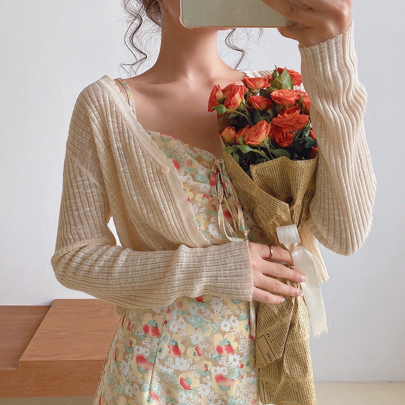 Áo Khoác Cardigan Dệt Kim Tay Dài Cổ Chữ V Chống Nắng Thời Trang Mùa Hè Cho Nữ