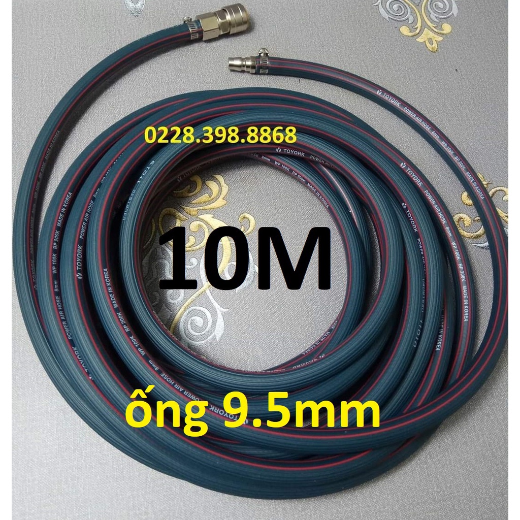 Dây hơi cao su bố vải 10m, made in Korea, lỗ 9.5mm, kèm bộ đầu nối nhanh cao cấp