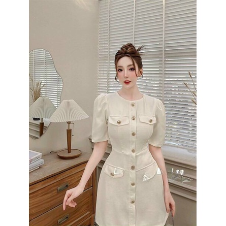 Váy đầm dự tiệc sang trọng tay lỡ dáng chữ A đính nút Linhnastore