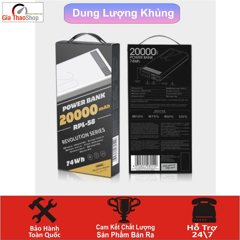 Pin Sạc Dự Phòng Remax RPL- 58 20000MAH- Hàng Phân Phối Chính Thức- Bảo Hành Toàn Quốc