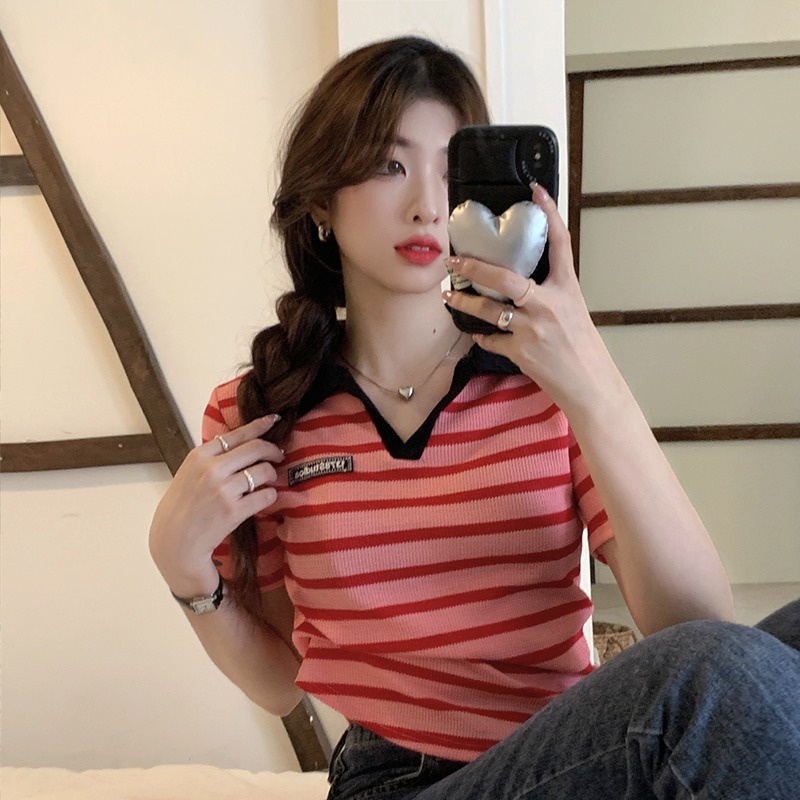 Áo thun POLO ZHELIHANGFEI dệt kim tay ngắn kẻ sọc thiết kế trẻ trung cá tính cho nữ