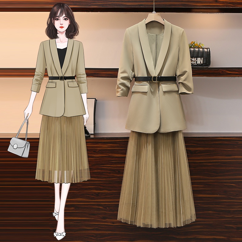 Set áo vest khoác nữ blazer tay dài cổ chữ V có kèm nịch + váy lưng cao lưới sang trọng ulzzang ( 2 màu ) có big size