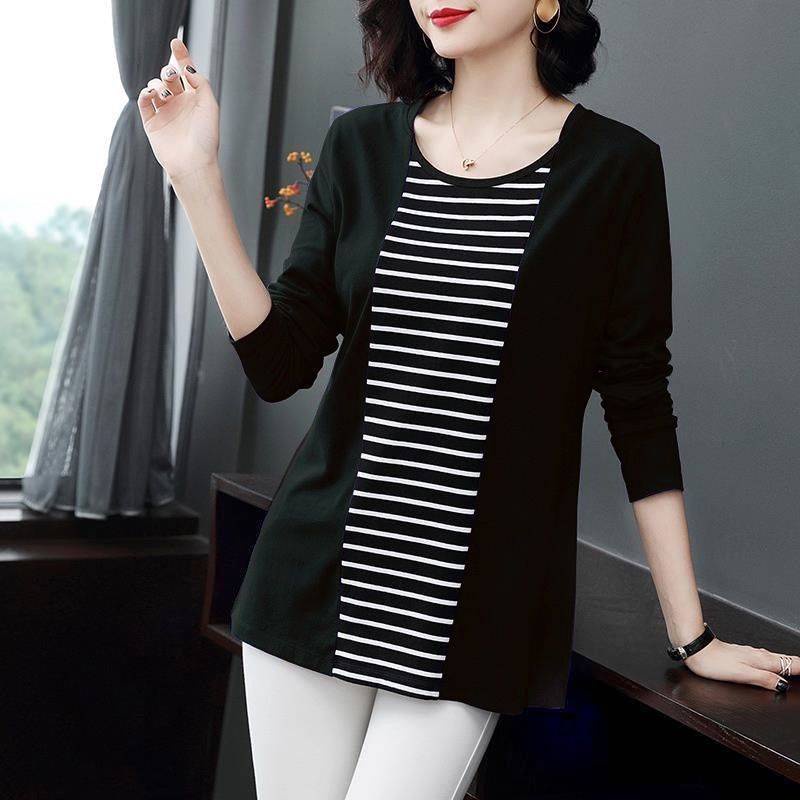 Áo Thun Tay Dài Plus Size Họa Tiết Kẻ Sọc Dành Cho Phụ Nữ Trung Niên